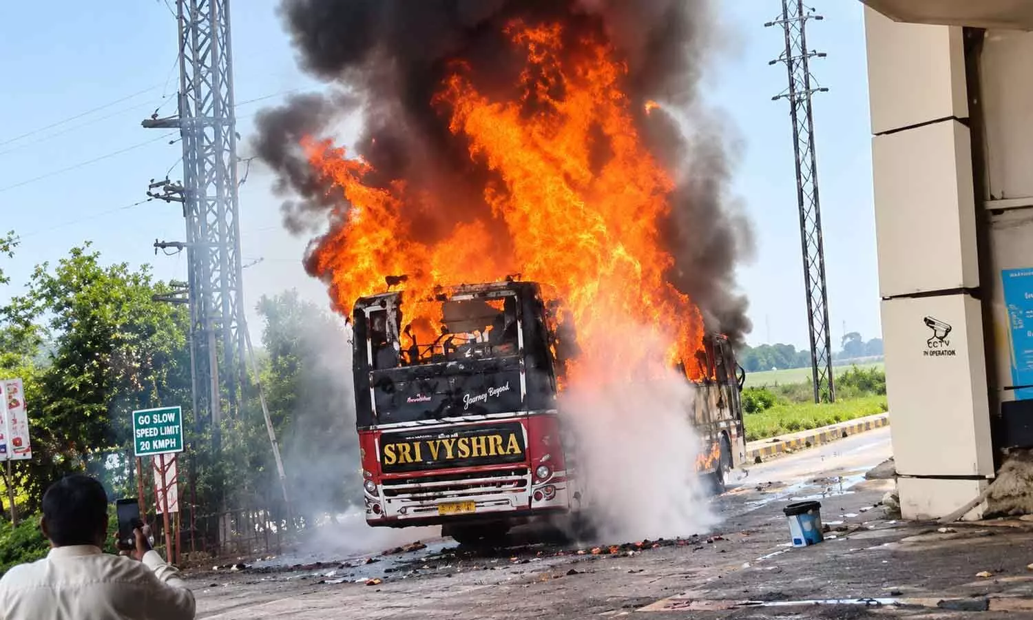 Private bus catches fire in Srikakulam, no casualties reported Private bus catches fire in Srikakulam, no casualties reported