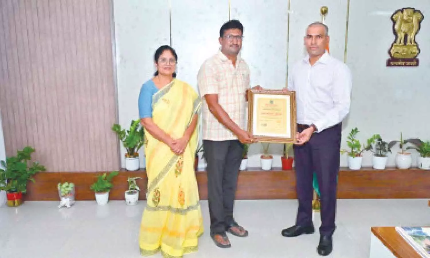 District Collector S Venkateswar felicitating Panchayat officials in Tirupati on Saturday District Collector S Venkateswar felicitating Panchayat officials in Tirupati on Saturday
