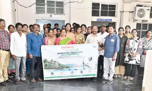 Government Siddhartha Medical College in-charge Principal Dr K Prashanthi and others participating in a cleanliness rally on the college campus in Vijayawada on Saturday Government Siddhartha Medical College in-charge Principal Dr K Prashanthi and others participating in a cleanliness rally on the college campus in Vijayawada on Saturday