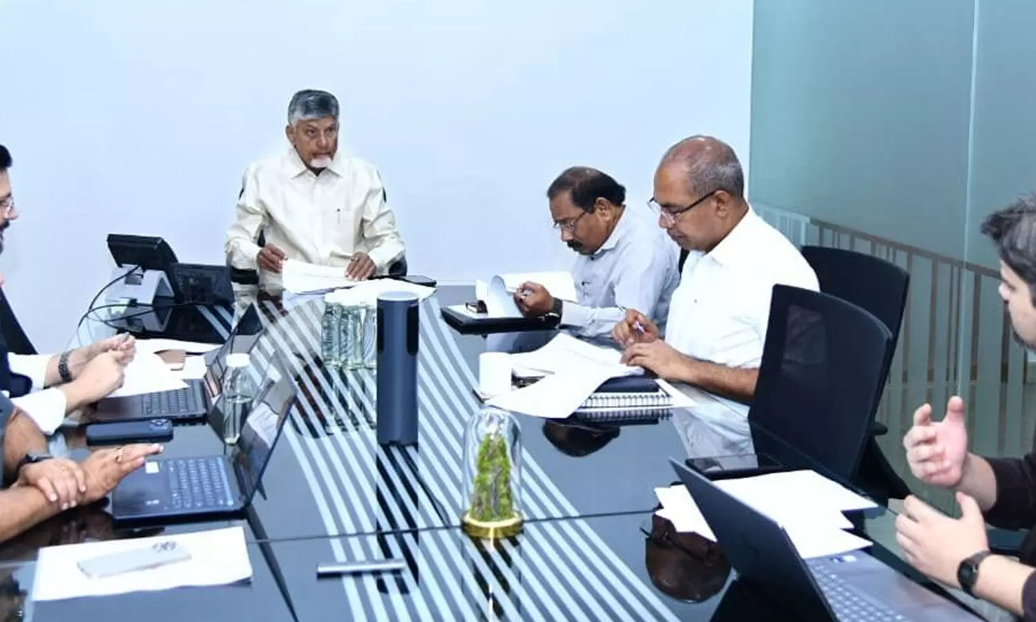 Chief Minister Nara Chandrababu Naidu reviews the impact of El Nino, precautionary measures, and implementation of the action plan at a teleconference from Bengaluru on Saturday Chief Minister Nara Chandrababu Naidu reviews the impact of El Nino, precautionary measures, and implementation of the action plan at a teleconference from Bengaluru on Saturday