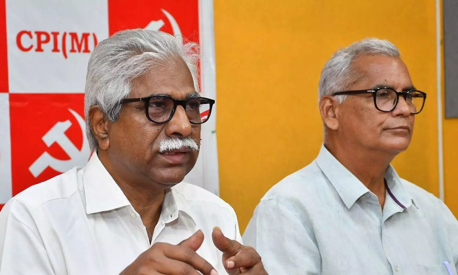 CPM State Secretary V Srinivasa Rao and State Secretariat Member Balaram, addressing a press conference in Vijayawada on Sunday CPM State Secretary V Srinivasa Rao and State Secretariat Member Balaram, addressing a press conference in Vijayawada on Sunday