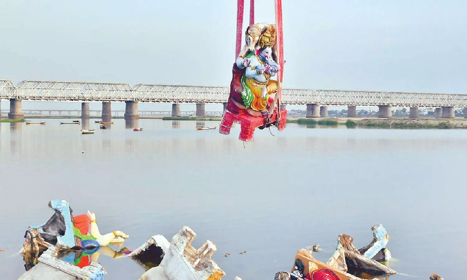 Ganesh idols being immersed in the Krishna River in Vijayawada on Sunday (Hans photo: Ch Venkata Mastan) Ganesh idols being immersed in the Krishna River in Vijayawada on Sunday (Hans photo: Ch Venkata Mastan)