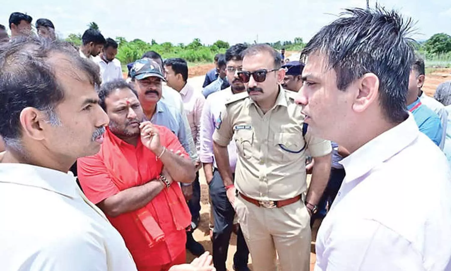 Collector Sumit Kumar, SP Tushar Dudi, MLC K Srikanth, PKM-UDA Chairman Suresh Babu and others reviewing CM visit arrangements in Kuppam on Sunday Collector Sumit Kumar, SP Tushar Dudi, MLC K Srikanth, PKM-UDA Chairman Suresh Babu and others reviewing CM visit arrangements in Kuppam on Sunday