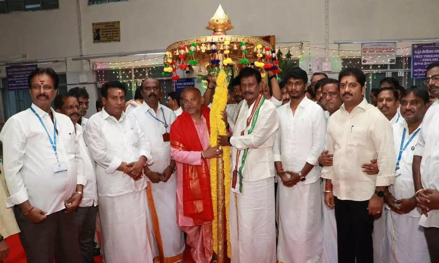 TTD Additional EO Ch Venkaiah Chowdary, priests, and officials participating in the traditional Chatra Sthapana ceremony at the Main Kalyana Katta in Tirumala on Monday TTD Additional EO Ch Venkaiah Chowdary, priests, and officials participating in the traditional Chatra Sthapana ceremony at the Main Kalyana Katta in Tirumala on Monday
