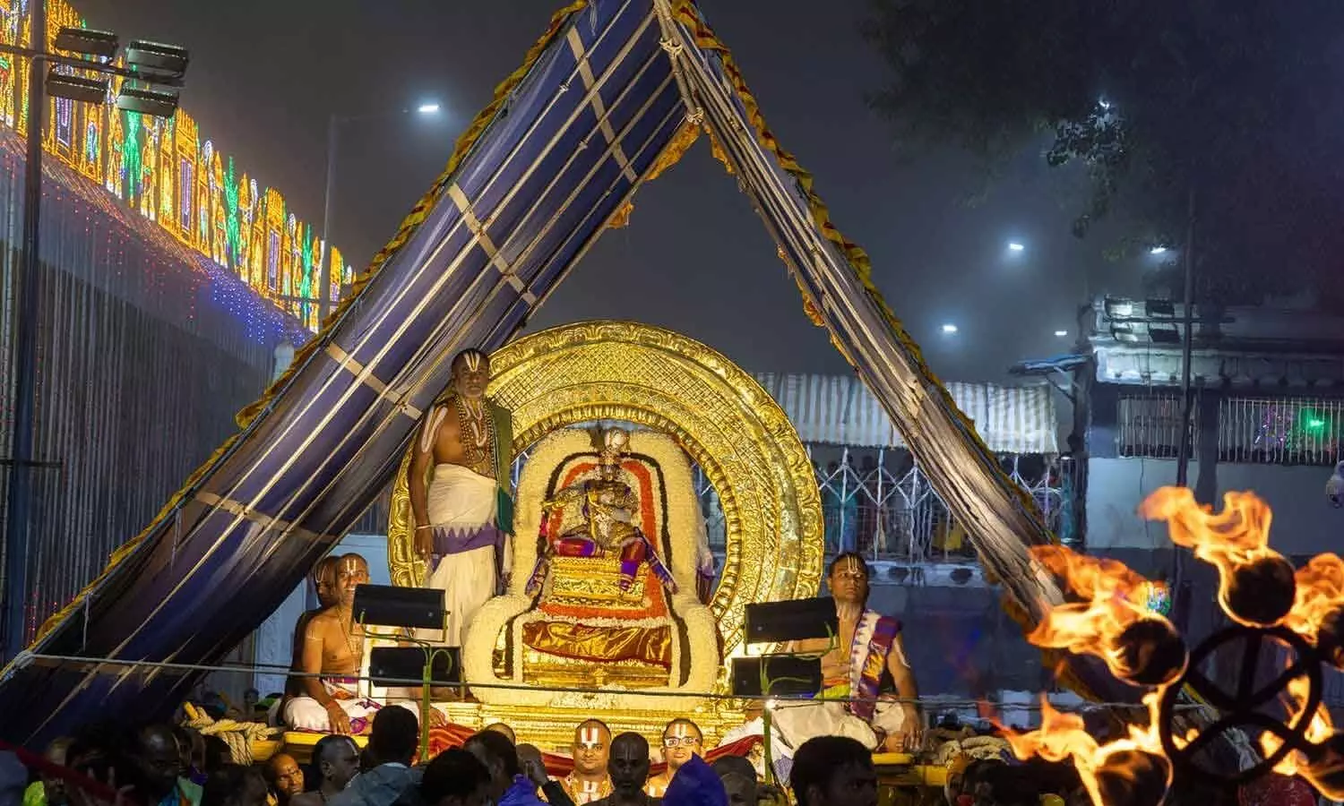 Sri Malayappa Swamy riding the Chandraprabha Vahanam as Murali Krishna amidst heavy rains on the seventh day of the annual Brahmotsavams in Tirumala on Monday Sri Malayappa Swamy riding the Chandraprabha Vahanam as Murali Krishna amidst heavy rains on the seventh day of the annual Brahmotsavams in Tirumala on Monday