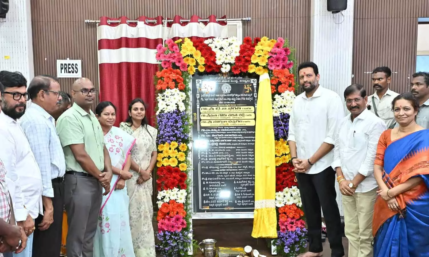 Minister Bharath, MP Bastipati Nagaraju, MLA Gowru Cheritha Reddy and Collector Dr A Siri participating in the virtual inauguration of developmental works in Kurnool on Tuesday Minister Bharath, MP Bastipati Nagaraju, MLA Gowru Cheritha Reddy and Collector Dr A Siri participating in the virtual inauguration of developmental works in Kurnool on Tuesday