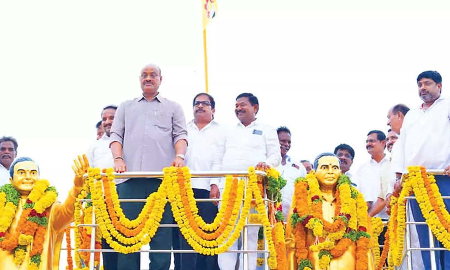 Ministers Kinjarapu Atchannaidu, DSBV Swamy, MLAs and others unveiling statues of NT Rama Rao, Damacharla Anjaneyulu at Pedakandlagunta on Tuesday Ministers Kinjarapu Atchannaidu, DSBV Swamy, MLAs and others unveiling statues of NT Rama Rao, Damacharla Anjaneyulu at Pedakandlagunta on Tuesday