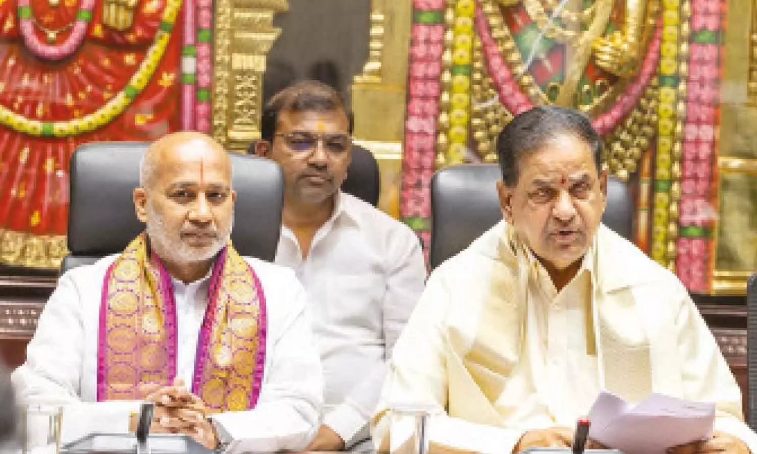 TTD chairman B R Naidu speaking to the media in Tirumala on Wednesday. EO M Ravichandra is also seen TTD chairman B R Naidu speaking to the media in Tirumala on Wednesday. EO M Ravichandra is also seen
