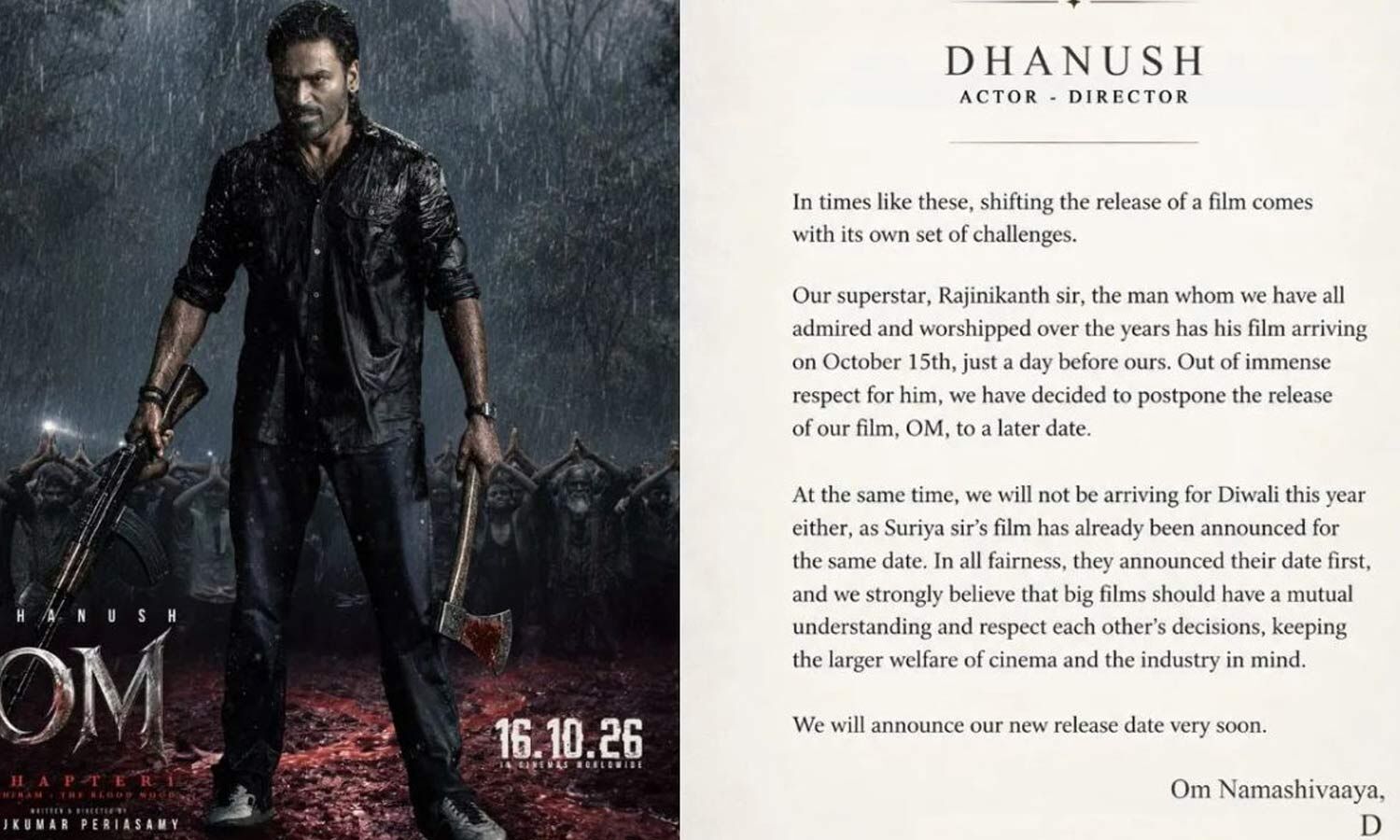 Dhanush’s Om Chapter I Postponed Ahead of Dussehra Releases