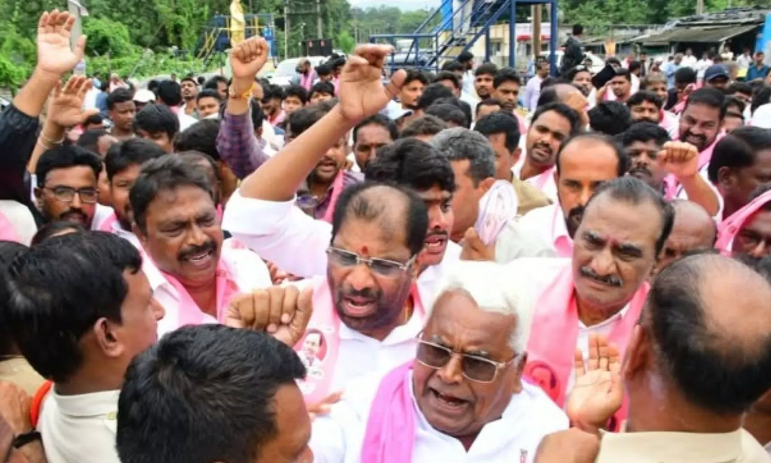Tension prevailed in Paloncha on Thursday when police stopped a group of Bharat Rashtra Samithi (BRS) Tension prevailed in Paloncha on Thursday when police stopped a group of Bharat Rashtra Samithi (BRS)