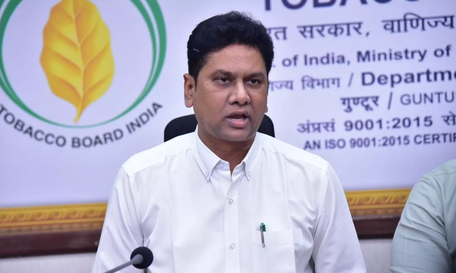 Tobacco Board chairman Chidipothu Yashwanth Kumar addressing the media in Guntur on Friday Tobacco Board chairman Chidipothu Yashwanth Kumar addressing the media in Guntur on Friday
