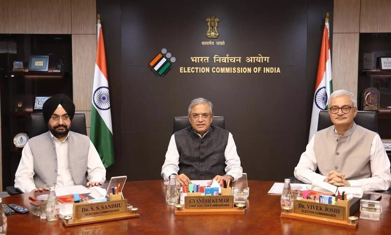 Chief Election Commissioner (CEC) Gyanesh Kumar with Election Commissioners Sukhbir Singh Sandhu and Vivek Joshi during a meeting at Nirvachan Sadan in New Delhi on Saturday Chief Election Commissioner (CEC) Gyanesh Kumar with Election Commissioners Sukhbir Singh Sandhu and Vivek Joshi during a meeting at Nirvachan Sadan in New Delhi on Saturday