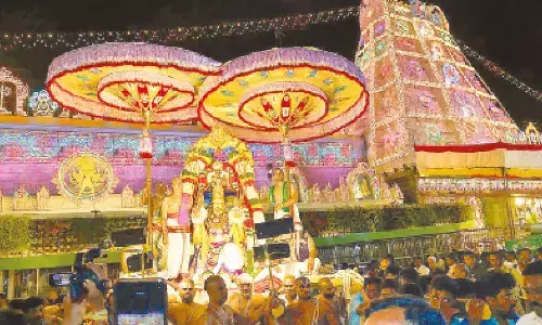 Devotees witnessing Pournami Garuda Seva in Tirumala on Saturday