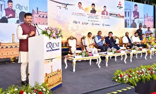 Union Civil Aviation Minister Kinjarapu Ram Mohan Naidu addressing a programme after inaugurating the Orient Flights Aviation Academy at Kurnool Airport on Saturday