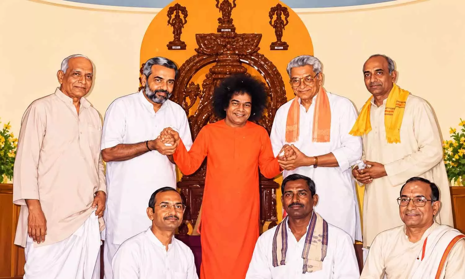 Narendra Modi (2nd from left, standing) with Sri Satya Sai Baba and Ashok Singhal (4th from left, standing) years ago (File photo) Narendra Modi (2nd from left, standing) with Sri Satya Sai Baba and Ashok Singhal (4th from left, standing) years ago (File photo)