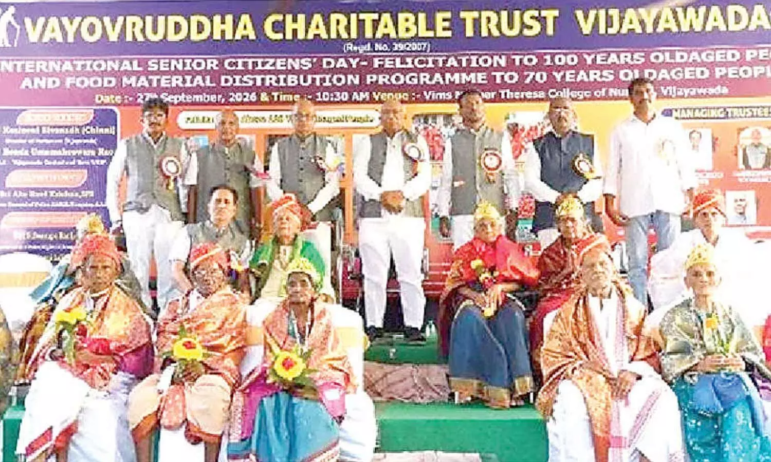 Centenarians pose for a photograph with IGP Eagle Ake Ravi Krishna and others after being felicitated at a programme organised by the Vayovrudha Charitable Trust in Vijayawada on Sunday Centenarians pose for a photograph with IGP Eagle Ake Ravi Krishna and others after being felicitated at a programme organised by the Vayovrudha Charitable Trust in Vijayawada on Sunday