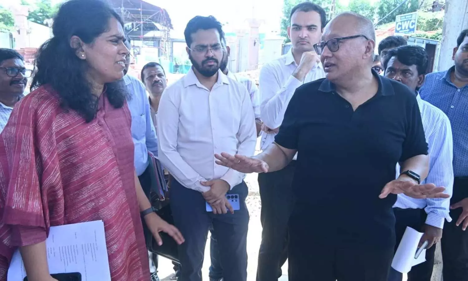 Tourism Special Chief Secretary SS Rawat, AP Tourism Managing Director Patamshetty Ravi Subhash, East Godavari Collector Kirti Chekuri and senior officials inspecting Pushkar works in Rajamahendravaram on Sunday Tourism Special Chief Secretary SS Rawat, AP Tourism Managing Director Patamshetty Ravi Subhash, East Godavari Collector Kirti Chekuri and senior officials inspecting Pushkar works in Rajamahendravaram on Sunday