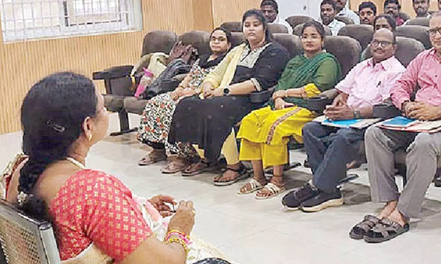 NTR ZP Deputy CEO Kodali Anuradha holding a meeting with staff at the meeting hall in the Panchayat Raj Engineering premises in Vijayawada on Monday NTR ZP Deputy CEO Kodali Anuradha holding a meeting with staff at the meeting hall in the Panchayat Raj Engineering premises in Vijayawada on Monday
