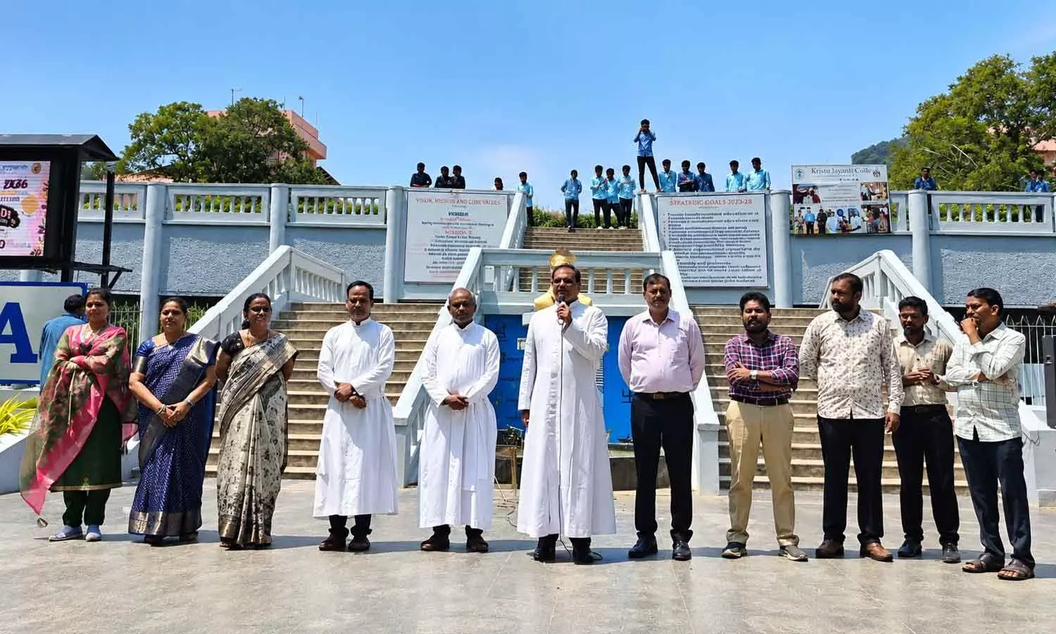 Andhra Loyola College Rector Fr G Rayyappa, Principal Fr Dr S Melchior and others addressing the media in Vijayawada Andhra Loyola College Rector Fr G Rayyappa, Principal Fr Dr S Melchior and others addressing the media in Vijayawada