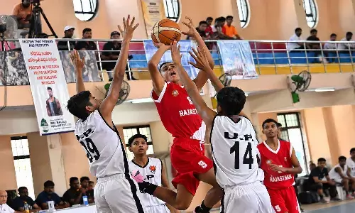 Action during the match between Rajasthan and Uttar Pradesh boys at Maris Stella College in Vijayawada on Wednesday Action during the match between Rajasthan and Uttar Pradesh boys at Maris Stella College in Vijayawada on Wednesday