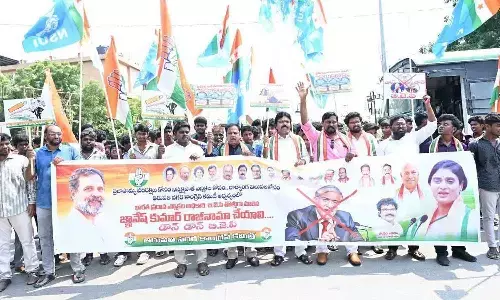 Congress leaders and workers staging a protest rally in Tirupati, demanding the immediate resignation of the Chief Election Commissioner over voter list revisions