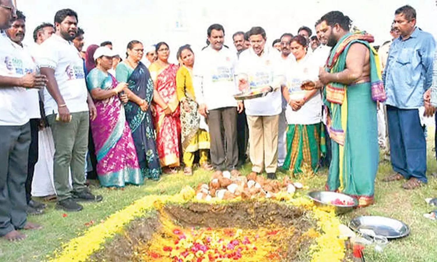 Minister P Narayana performing bhumi puja for the cricket stadium in Nellore on Friday Minister P Narayana performing bhumi puja for the cricket stadium in Nellore on Friday