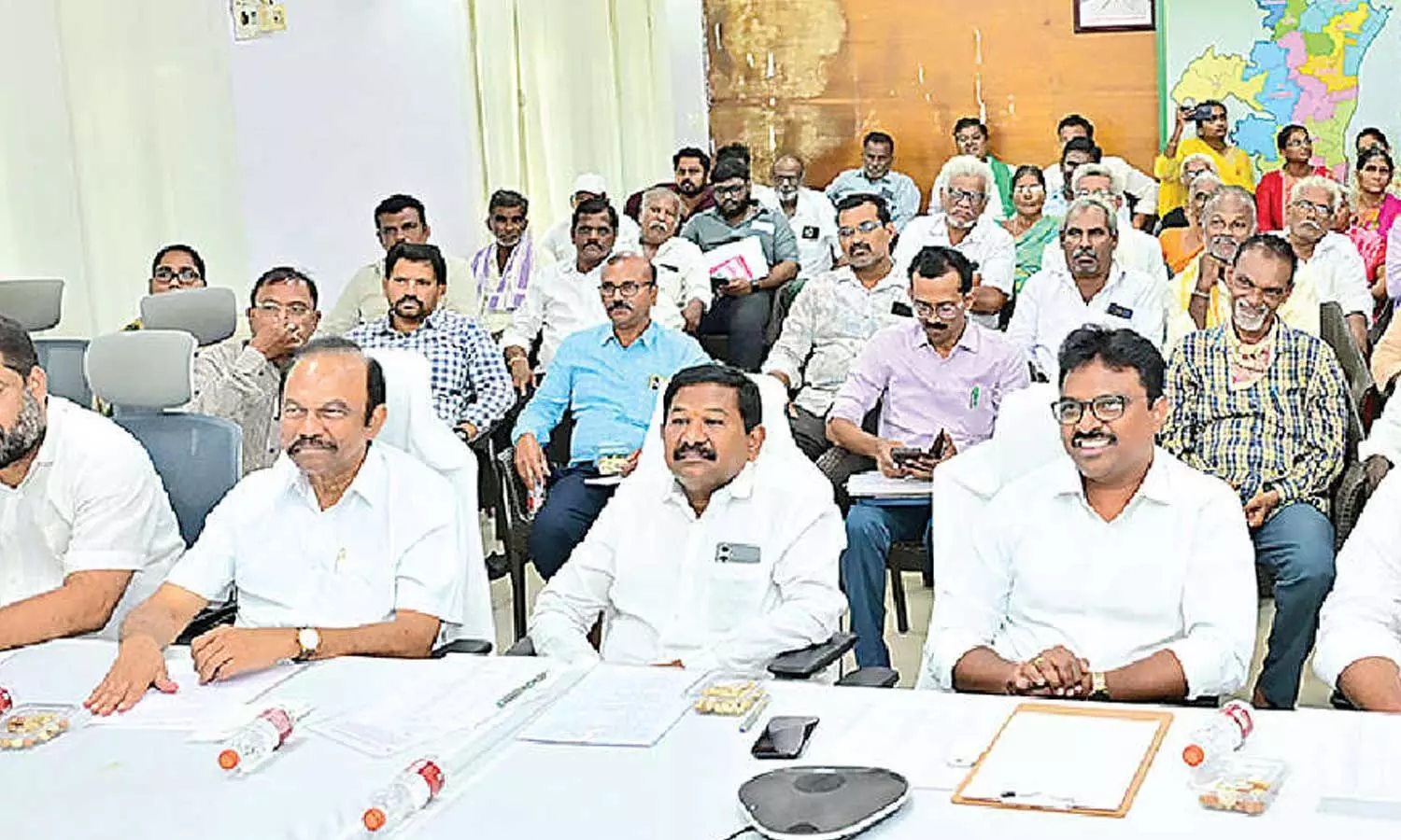 Minister DSBV Swamy, Collector P Raja Babu and others watching the programme of foundation for Indian School of Agriculture through live feed from Collectorate in Ongole on Friday Minister DSBV Swamy, Collector P Raja Babu and others watching the programme of foundation for Indian School of Agriculture through live feed from Collectorate in Ongole on Friday