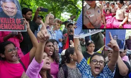 Police detain former Delhi CM Atishi during the protest against Chief Election Commissioner Gyanesh Kumar, in New Delhi,  on Friday