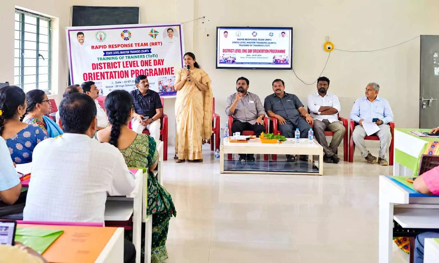 NTR DEO L Chandrakala addressing a training-cum-awareness programme at CVR Municipal High School in Vijayawada on Saturday NTR DEO L Chandrakala addressing a training-cum-awareness programme at CVR Municipal High School in Vijayawada on Saturday