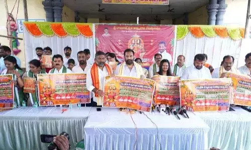 MLA Kotamreddy Sridhar Reddy releasing a poster regarding Sri Rajarajeshwari temple Sharannavaratri Utsavams in Nellore on Saturday