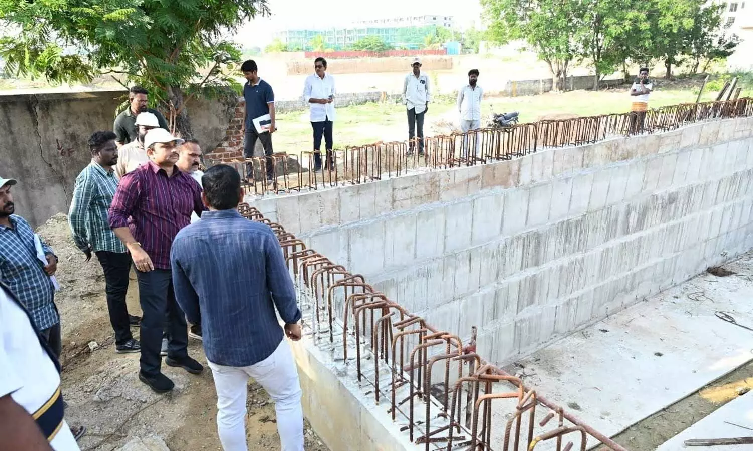 Municipal Corporation Commissioner M Jayakrishna inspecting construction works in Tirupati on Sunday Municipal Corporation Commissioner M Jayakrishna inspecting construction works in Tirupati on Sunday