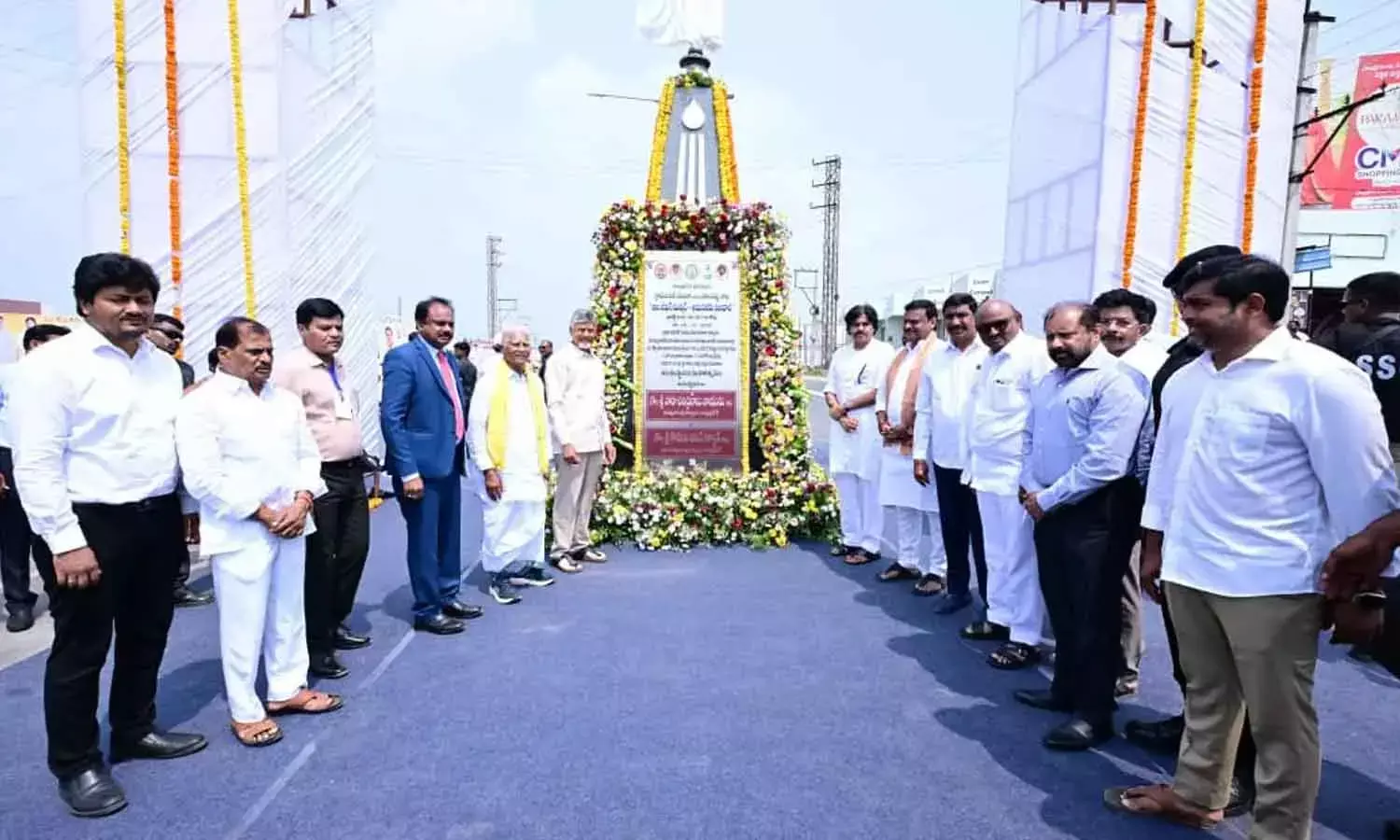 Chief Minister N Chandrababu Naidu and Deputy CM Pawan Kalyan unveil a plaque at the launch of Jal Jeevan Mission at Kothapalli in Proddatur mandal in Kadapa District on Monday