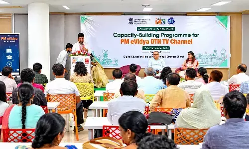 Bodanapally Venugopal Reddy, CEO of T-SAT, addressing teachers at the Capacity-Building Programme for PM eVidya DTH TV Channels in Hyderabad on Tuesday