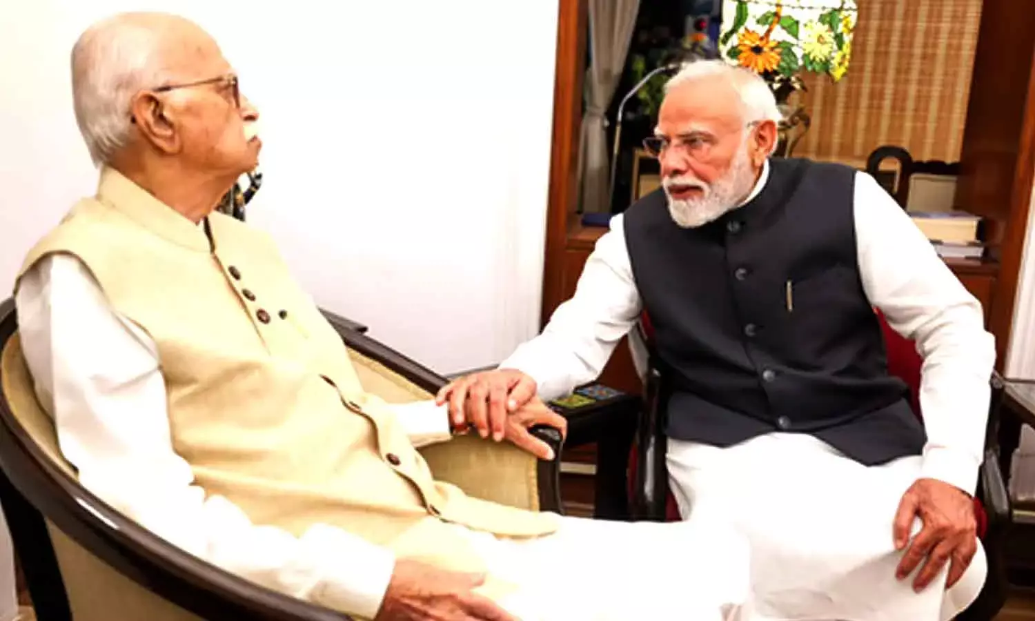 On the day marking his 25 years at the helm, PM Modi calls on LK Advani On the day marking his 25 years at the helm, PM Modi calls on LK Advani