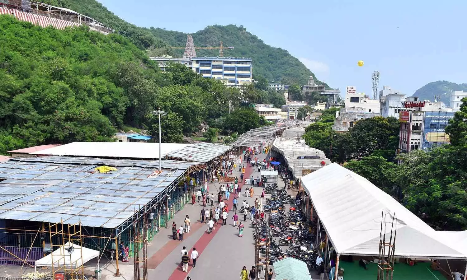 Arrangements being made at the Kanaka Durga temple in Vijayawada for the Dasara Sarannavaratri festivities on Wednesday Arrangements being made at the Kanaka Durga temple in Vijayawada for the Dasara Sarannavaratri festivities on Wednesday