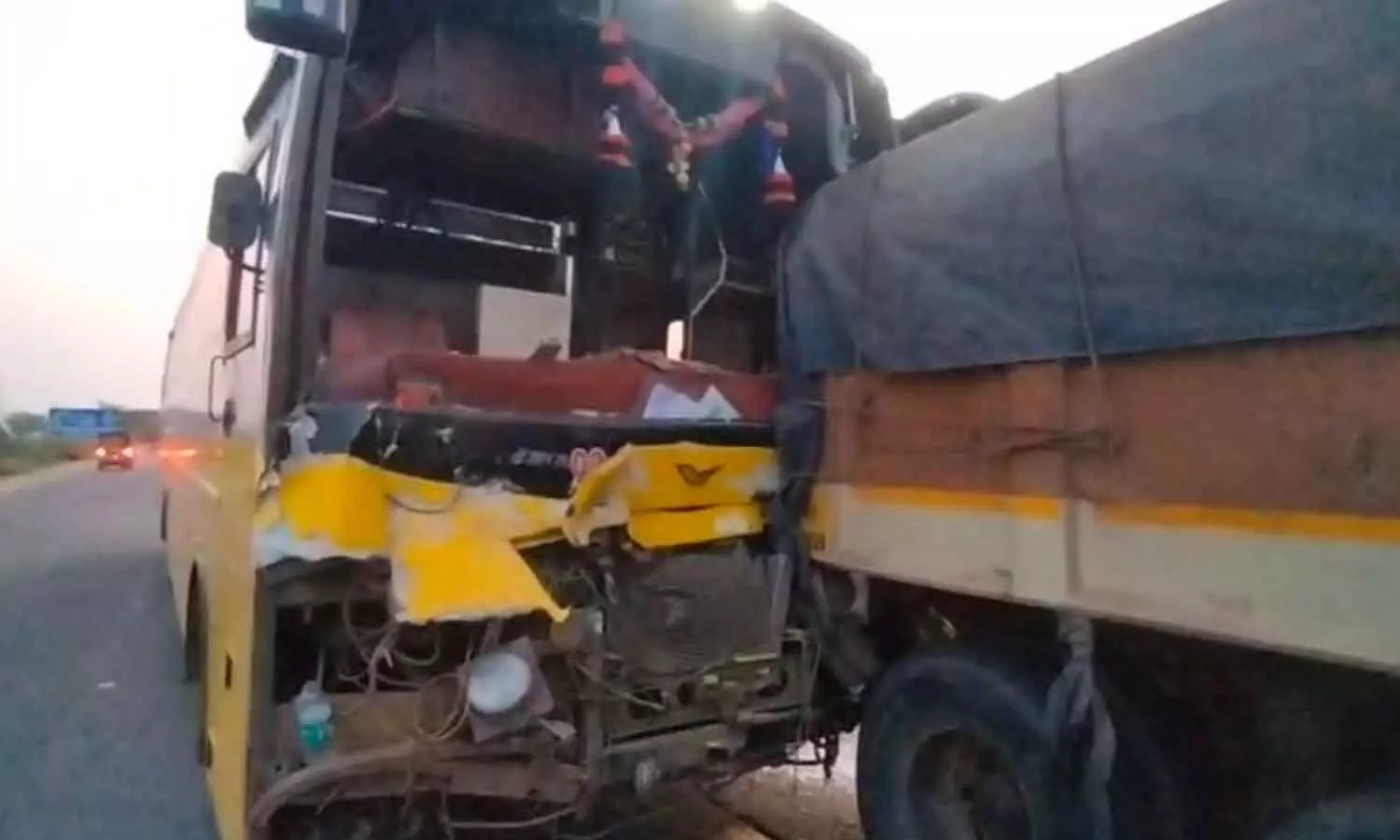 Major tragedy averted after sleeper bus hits cement lorry Major tragedy averted after sleeper bus hits cement lorry