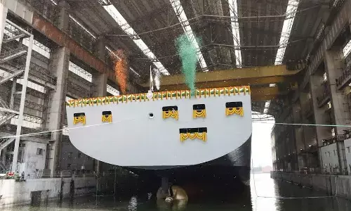 Hindustan Shipyard Limited launches the first Fleet Support Ship ‘Surya’ in Visakhapatnam on Tuesday