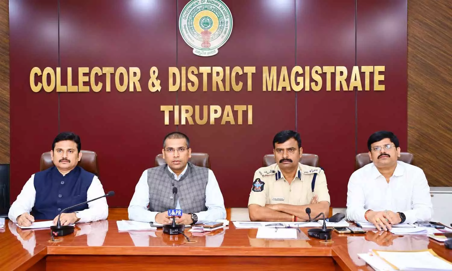 District Collector S Venkateswar, SP L Subba Rayudu, JC R Govinda Rao and Commissioner M Jayakrishna at a meeting in Tirupati on Thursday District Collector S Venkateswar, SP L Subba Rayudu, JC R Govinda Rao and Commissioner M Jayakrishna at a meeting in Tirupati on Thursday