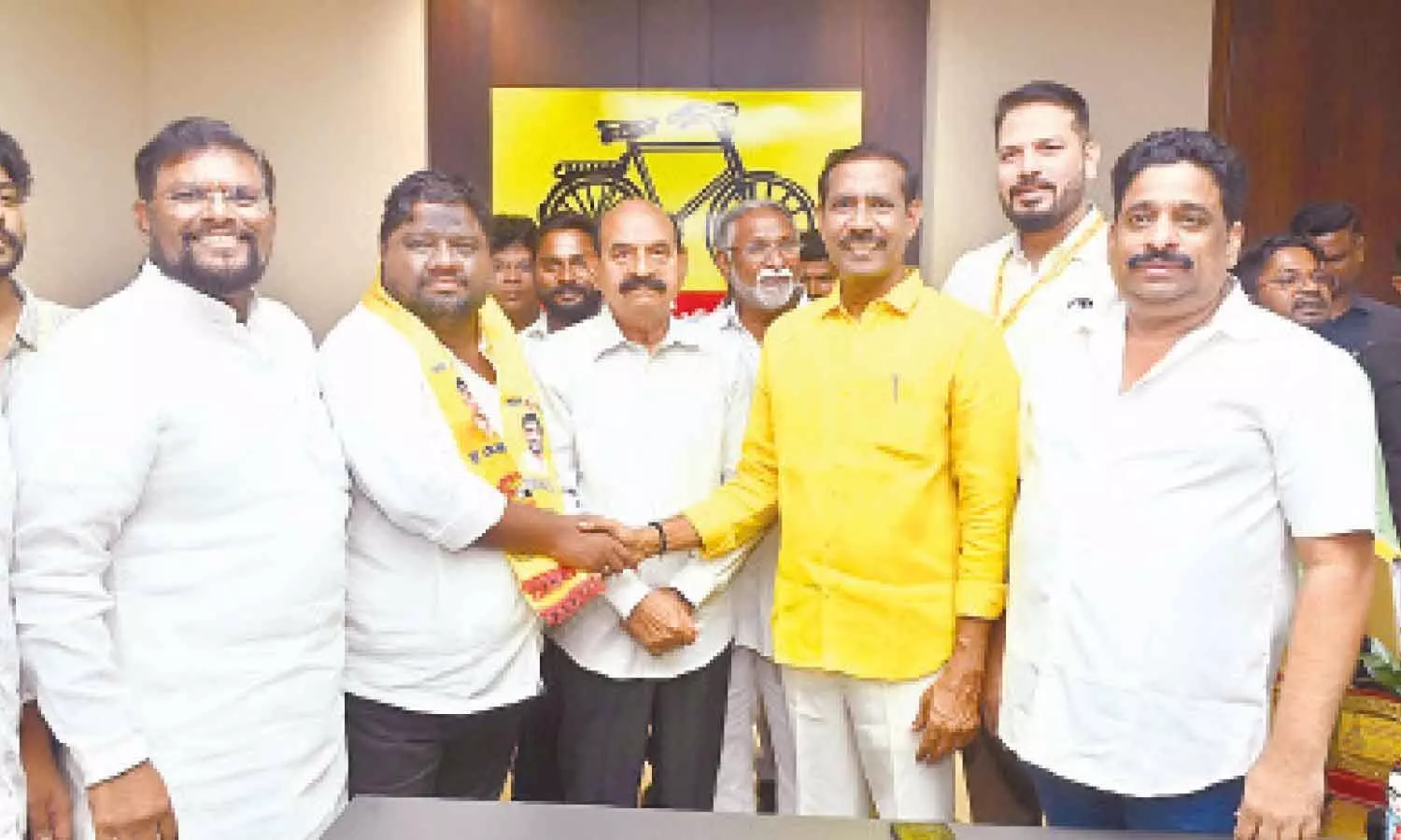 TDP state president Palla Srinivasa Rao welcoming AP State Waqf Board director Shaik Khaja into the party by draping the TDP scarf around him at the party central office in Mangalagiri on Thursday TDP state president Palla Srinivasa Rao welcoming AP State Waqf Board director Shaik Khaja into the party by draping the TDP scarf around him at the party central office in Mangalagiri on Thursday