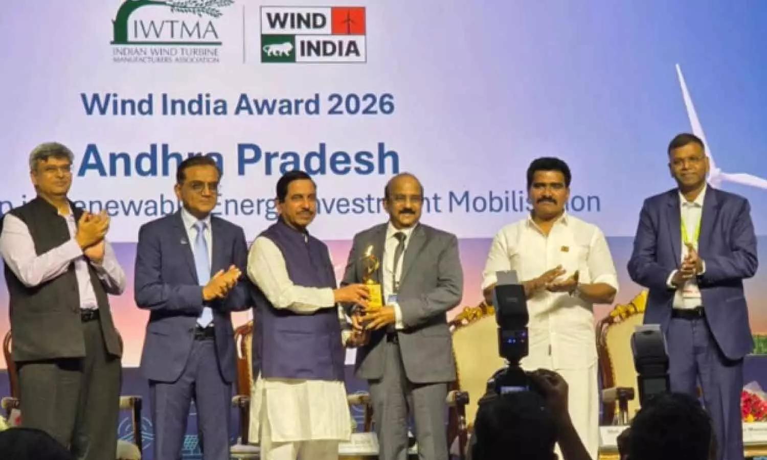 Union minister for new and renewable energy Pralhad Joshi presenting the ‘Leadership State in Renewable Energy Investment Mobilisation Award’ to NREDCAP vice-chairman and Managing Director M Kamalakar Babu on behalf of the Andhra Pradesh Government at Windergy India 2026 in Chennai on Thursday Union minister for new and renewable energy Pralhad Joshi presenting the ‘Leadership State in Renewable Energy Investment Mobilisation Award’ to NREDCAP vice-chairman and Managing Director M Kamalakar Babu on behalf of the Andhra Pradesh Government at Windergy India 2026 in Chennai on Thursday