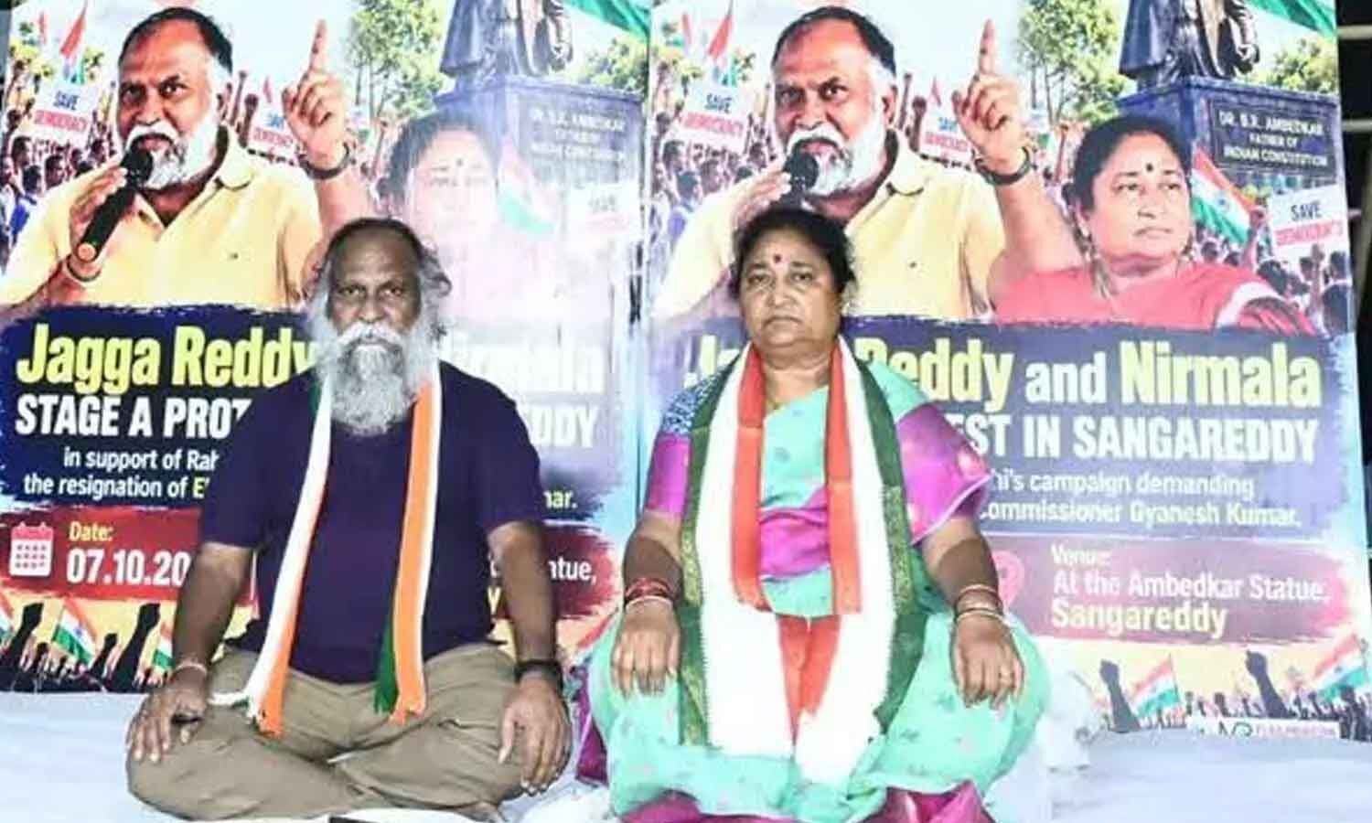 Jagga Reddy and Nirmala Continue Rahul Gandhi Solidarity Protest