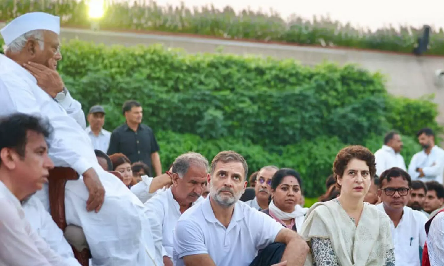 Cong president Mallikarjun Kharge, party leaders Rahul Gandhi, Priyanka Gandhi and other INDIA bloc leaders stage protest at Rajghat in New Delhi on Thursday Cong president Mallikarjun Kharge, party leaders Rahul Gandhi, Priyanka Gandhi and other INDIA bloc leaders stage protest at Rajghat in New Delhi on Thursday