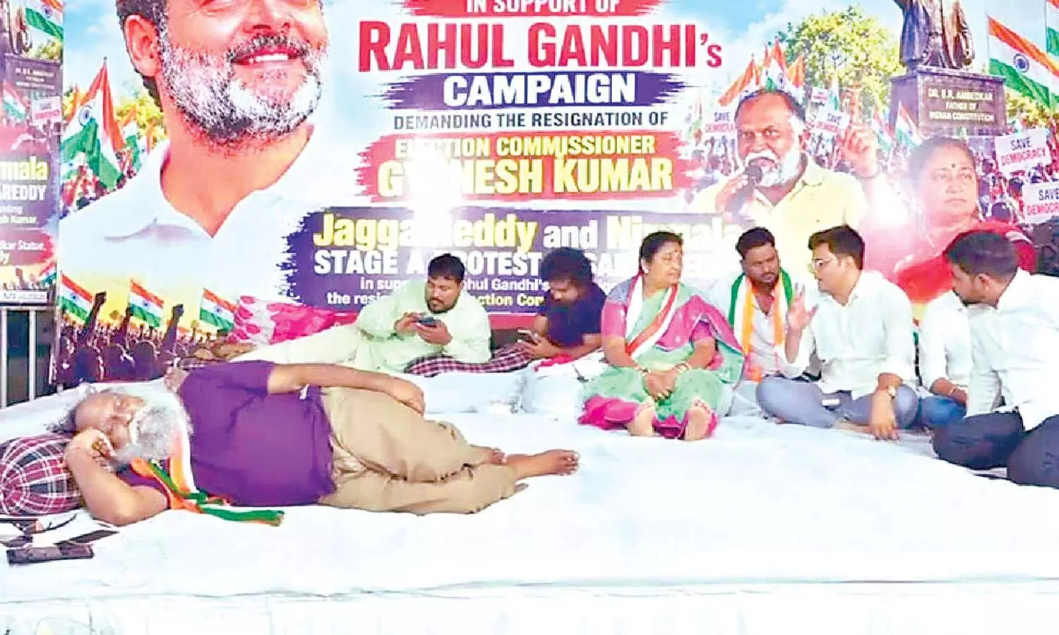 TPCC working president Jagga Reddy and his wife Nirmala continue their sit-in protest in Sangareddy on Thursday for the second consecutive day in support of Rahul Gandhi’s demand for the resignation of Chief Election Commissioner Gyanesh Kumar TPCC working president Jagga Reddy and his wife Nirmala continue their sit-in protest in Sangareddy on Thursday for the second consecutive day in support of Rahul Gandhi’s demand for the resignation of Chief Election Commissioner Gyanesh Kumar