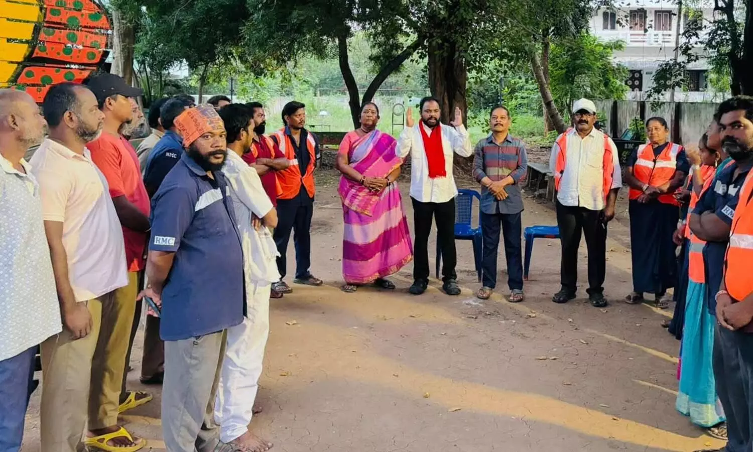 CPI State leader Tatipaka Madhu addressing the municipal sanitation staff in Rajamahendravaram on Friday CPI State leader Tatipaka Madhu addressing the municipal sanitation staff in Rajamahendravaram on Friday
