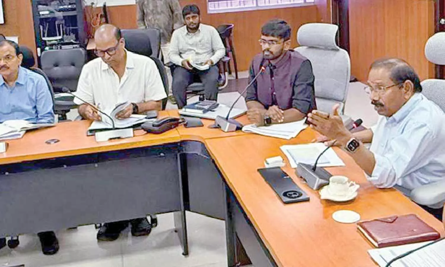 Energy department special chief secretary K Vijayanand reviewing thermal power generation, coal supplies and power availability with senior officials at Vidyut Soudha in Vijayawada on Friday Energy department special chief secretary K Vijayanand reviewing thermal power generation, coal supplies and power availability with senior officials at Vidyut Soudha in Vijayawada on Friday