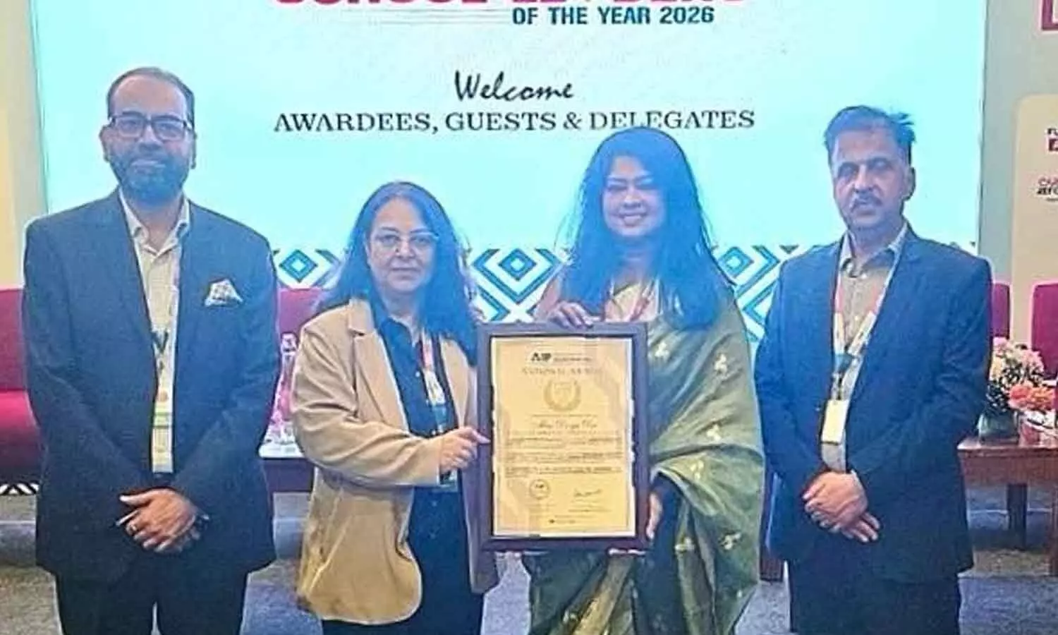 Divya Das, Executive Director and Principal of Greendale School, Visakhapatnam, receiving ‘National School Leader of the Year 2026 Award’ in New Delhi on Saturday Divya Das, Executive Director and Principal of Greendale School, Visakhapatnam, receiving ‘National School Leader of the Year 2026 Award’ in New Delhi on Saturday