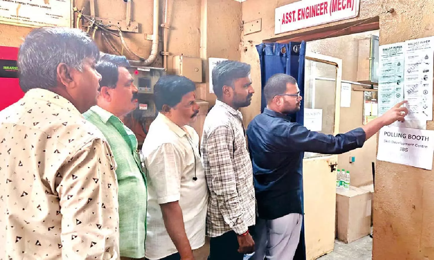 TGSRTC employees at a polling booth set up for the union elections in Hyderabad on Friday TGSRTC employees at a polling booth set up for the union elections in Hyderabad on Friday