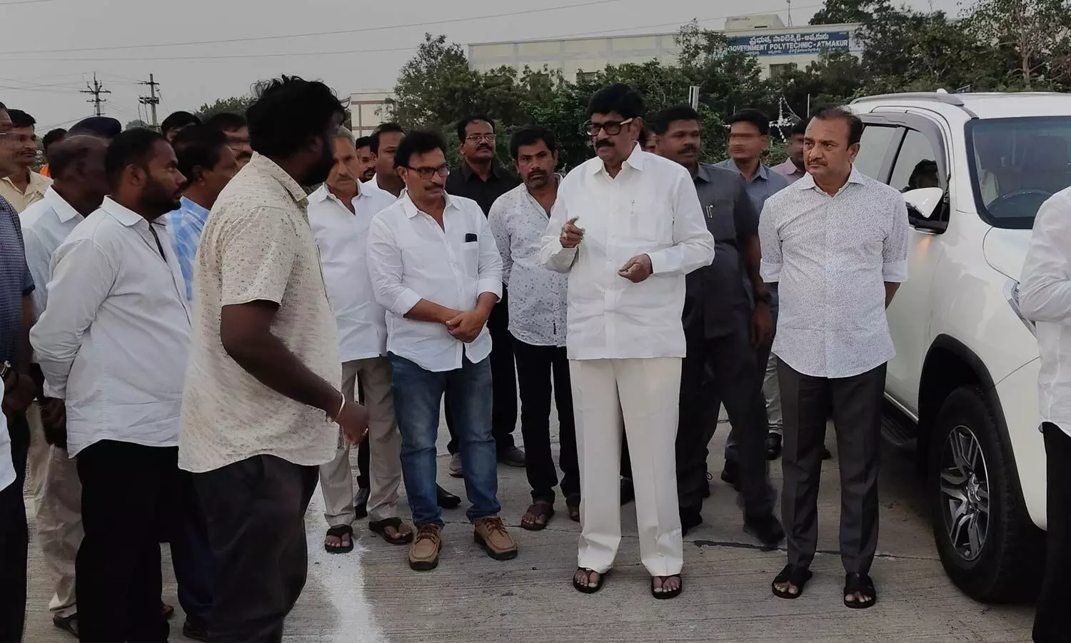 Endowments Minister Anam Ramanarayana Reddy inspecting Atmakur bypass road works on Sunday Endowments Minister Anam Ramanarayana Reddy inspecting Atmakur bypass road works on Sunday
