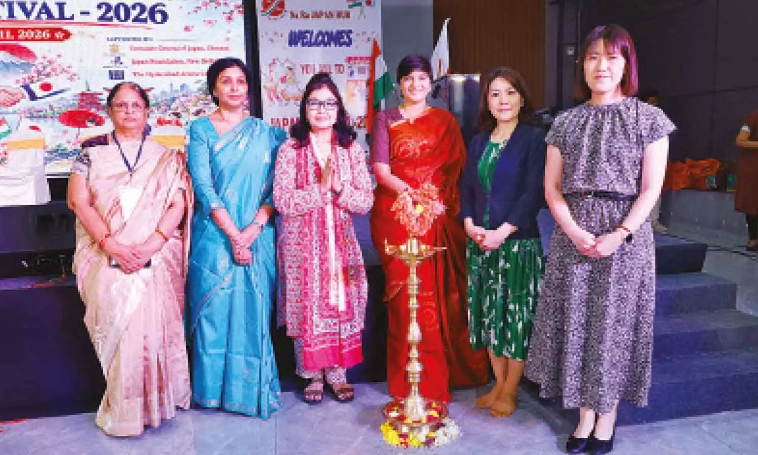 Delegates and organisers gather for the lighting of the lamp during the inaugural ceremony of the Hyderabad Japan Festival 2026 at Cyber Gardens in HITEC City Delegates and organisers gather for the lighting of the lamp during the inaugural ceremony of the Hyderabad Japan Festival 2026 at Cyber Gardens in HITEC City