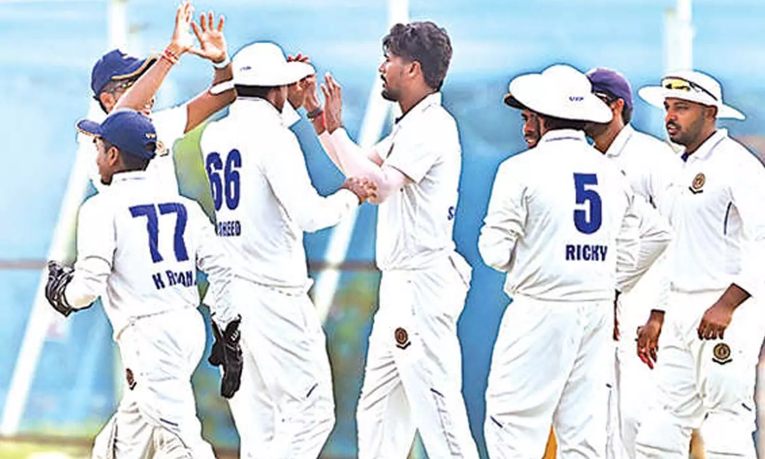 Andhra players celebrating after dismissing India batter KL Rahul during the Ranji Trophy match against Karnataka at Mulapadu near Vijayawada on Sunday Andhra players celebrating after dismissing India batter KL Rahul during the Ranji Trophy match against Karnataka at Mulapadu near Vijayawada on Sunday